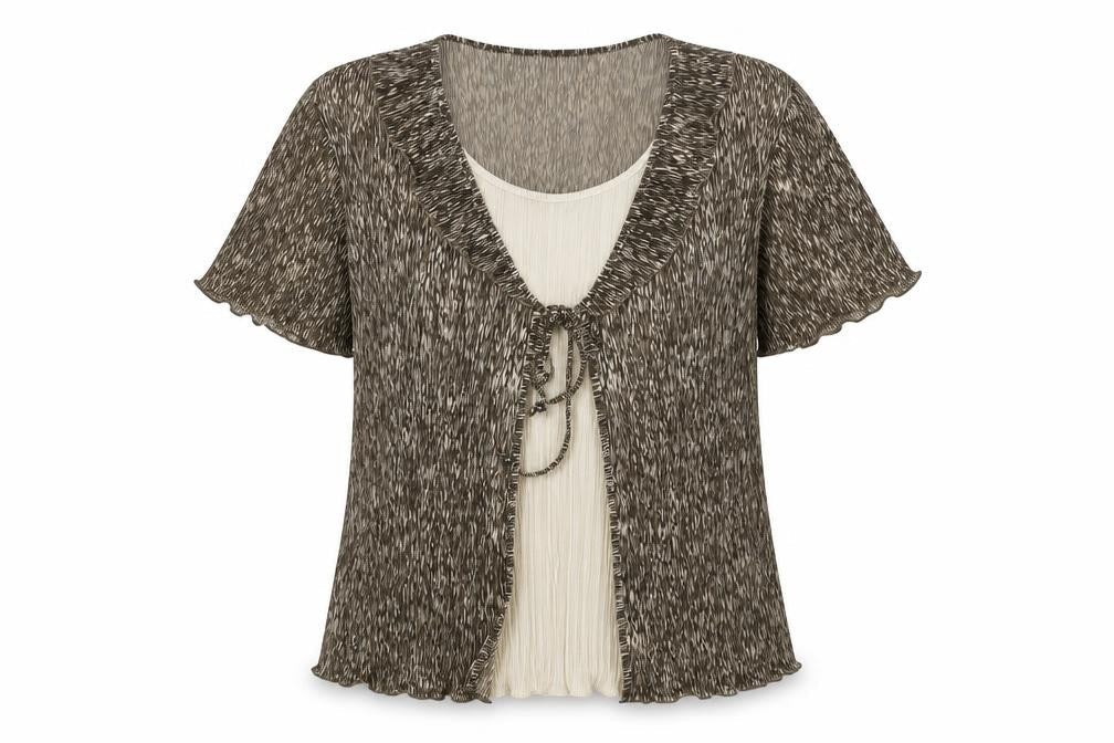 First Avenue Womens Brown Geometric Polyester Basic Blouse Size XL Scoop Neck - Layered Plisse Frill Bow