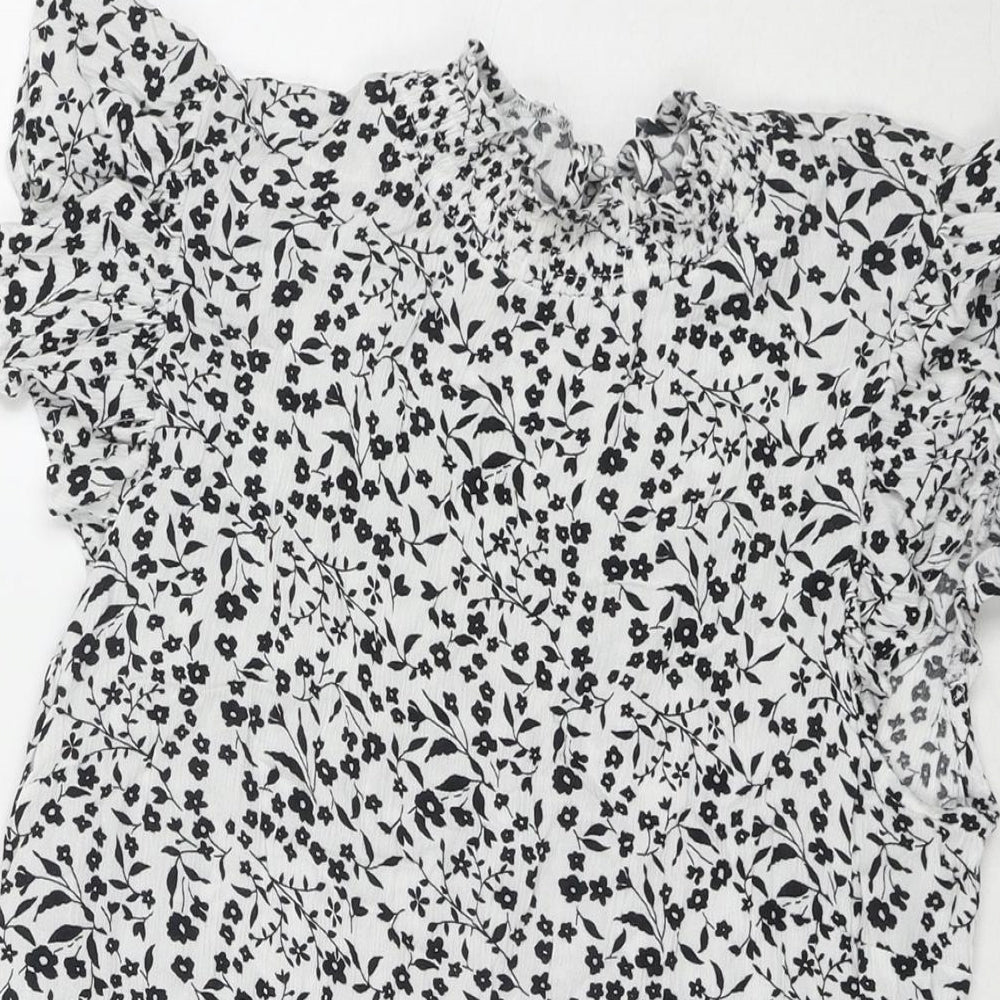 Dorothy Perkins Womens White Floral Viscose Basic Blouse Size 14 Round Neck
