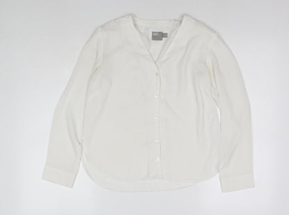 Additional front view of ASOS women’s white polyester basic button-up, size UK 8, v-neck