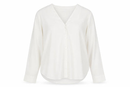 Front view of ASOS women’s white polyester basic button-up, size UK 8, v-neck