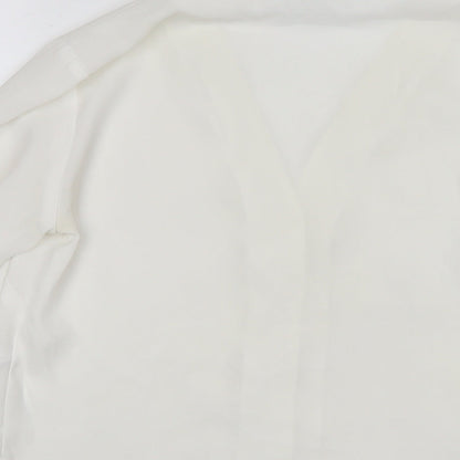Brand and care label for ASOS women’s white polyester basic button-up, size UK 8, v-neck