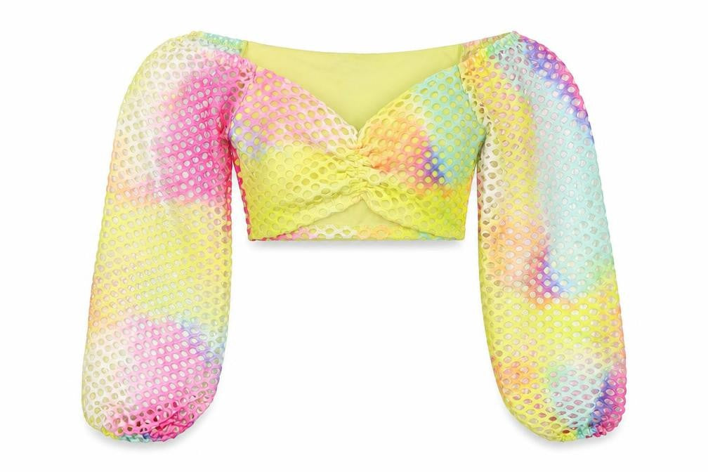Stylewise Womens Multicoloured Colourblock Polyester Cropped T-Shirt Size S Off the Shoulder - Cut Out Detail Size S/M