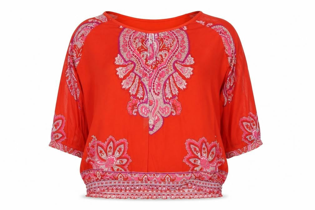 FYLO Womens Red Geometric Polyester Basic Blouse Size XL Round Neck - Embellishment Detail