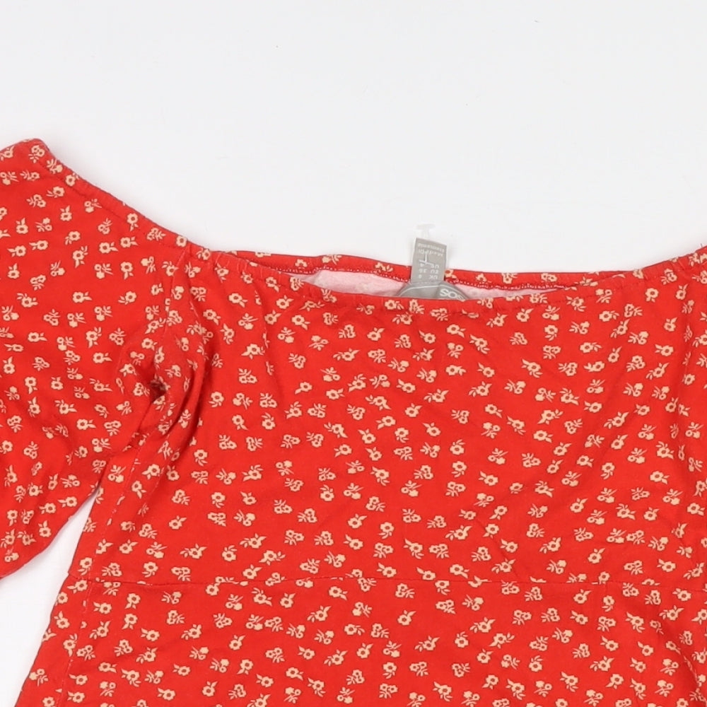 ASOS Womens Red Floral Polyester Blend T-Shirt Dress Size 6 Off the Shoulder Button