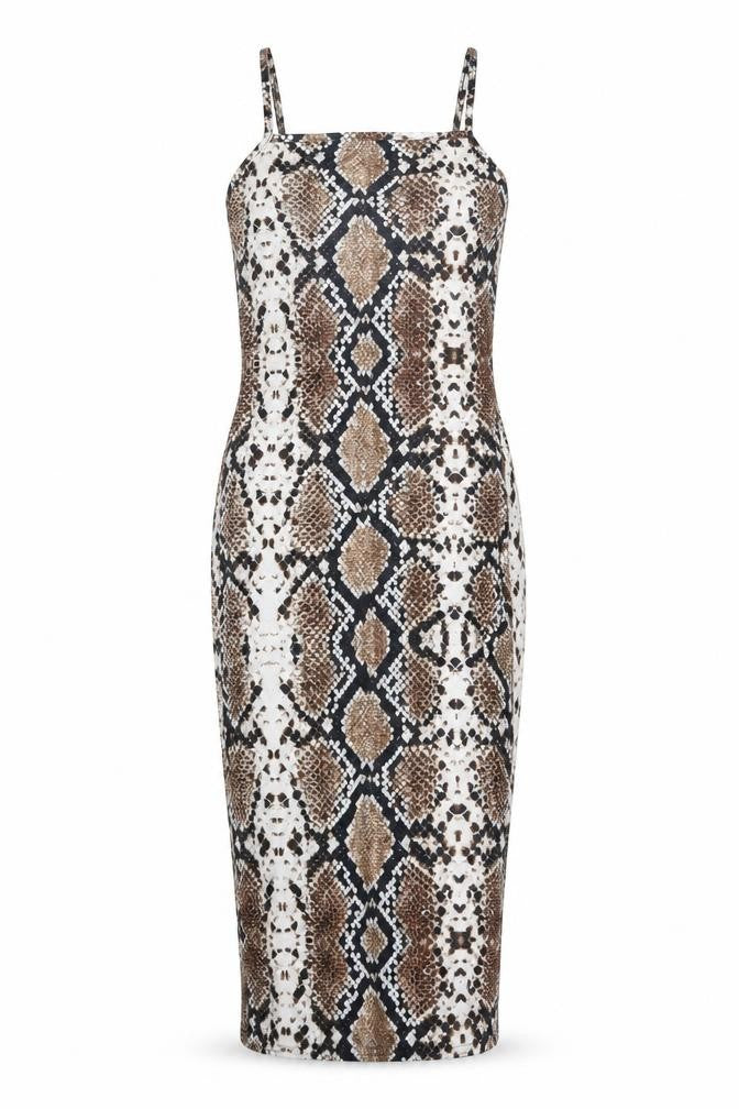 PRETTYLITTLETHING Womens Brown Animal Print Polyester Bodycon Size 8 Square Neck Pullover - Snake Pattern