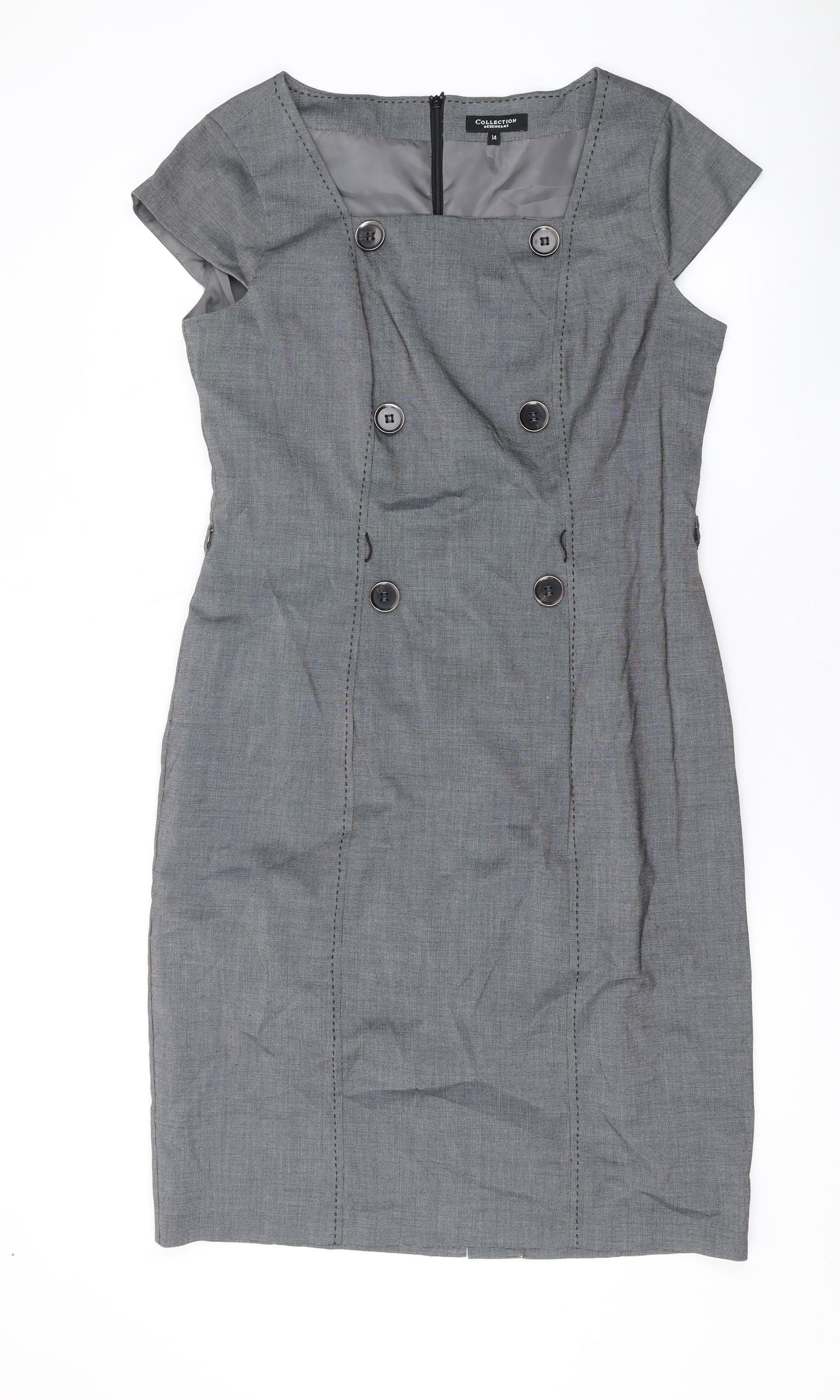 Debenhams Womens Grey Polyester Pencil Dress Size 14 Square Neck Zip