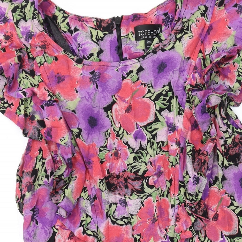 Topshop Womens Pink Floral Viscose A-Line Size 12 Round Neck Zip