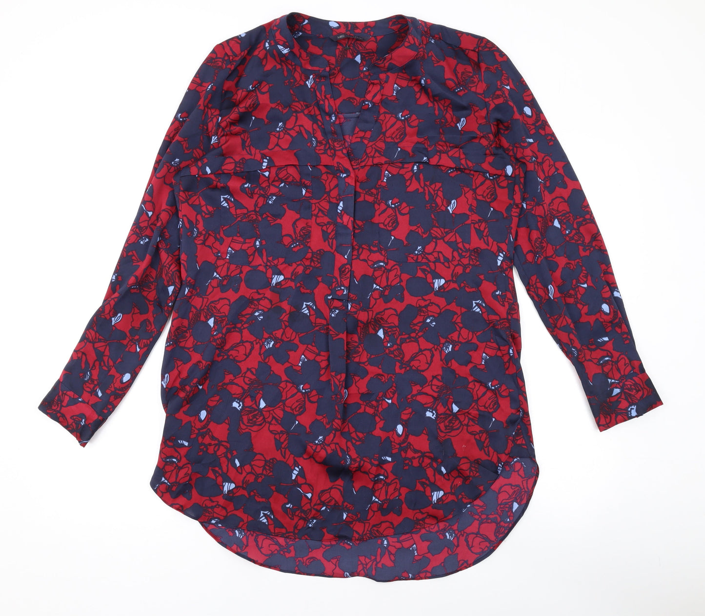 Marks and Spencer Womens Red Floral Polyester Basic Button-Up Size 10 V-Neck