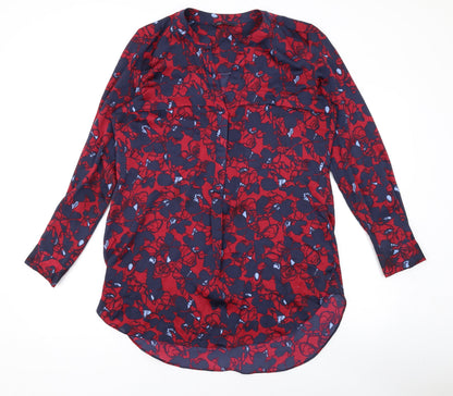 Marks & Spencer Womens Red Floral Polyester Basic Button-Up Size 10 V-Neck