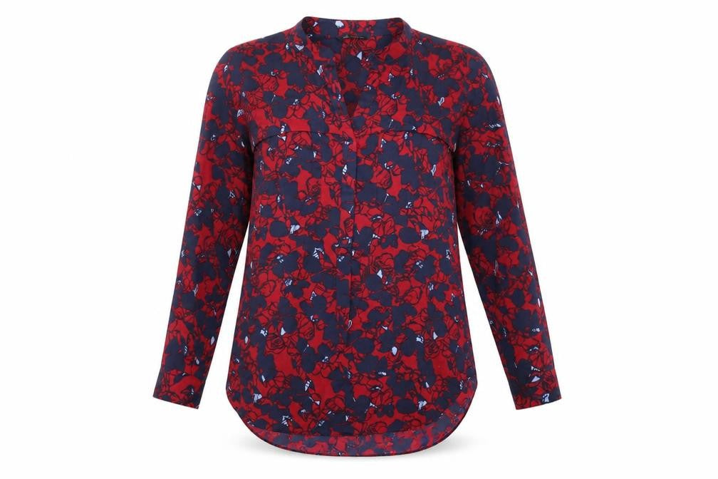 Marks & Spencer Womens Red Floral Polyester Basic Button-Up Size 10 V-Neck
