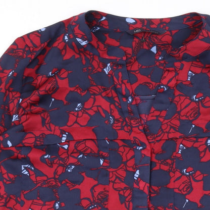 Marks & Spencer Womens Red Floral Polyester Basic Button-Up Size 10 V-Neck