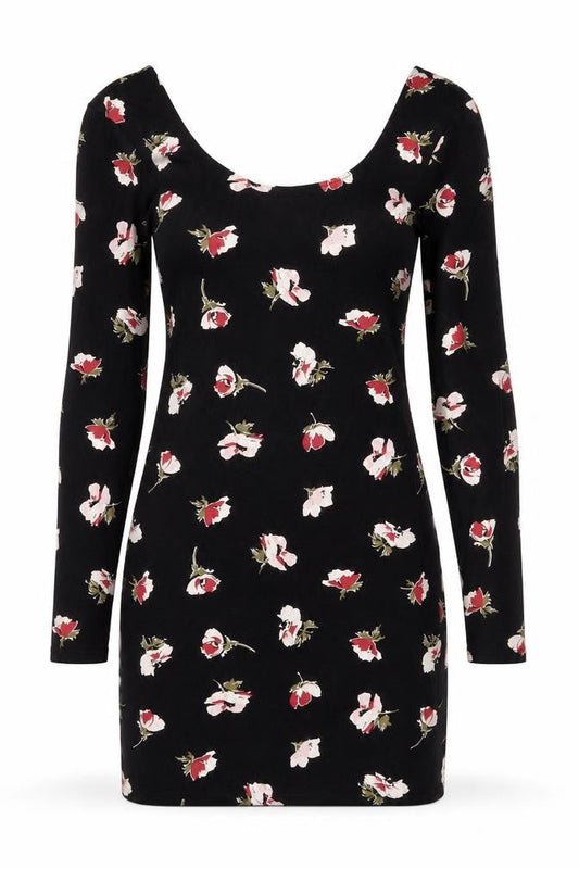 Miss Selfridge Womens Black Floral Cotton Bodycon Size 12 Scoop Neck Pullover