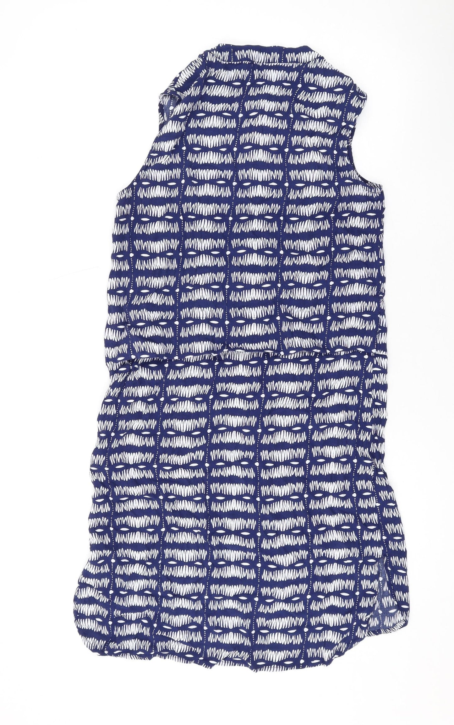 Warehouse Womens Blue Geometric Viscose A-Line Size 10 Round Neck Button
