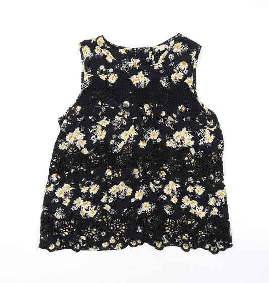 River Island Womens Black Floral Cotton Basic Tank Size 10 Round Neck