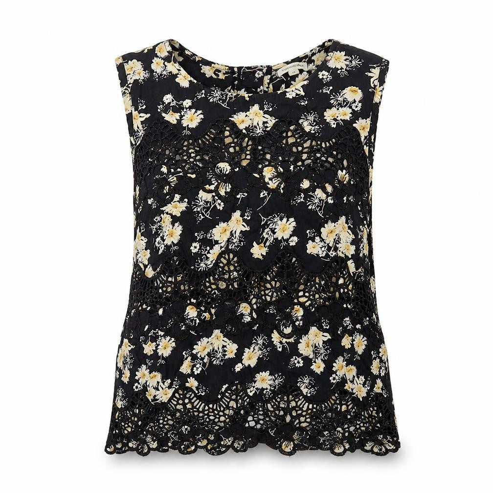 River Island Womens Black Floral Cotton Basic Tank Size 10 Round Neck