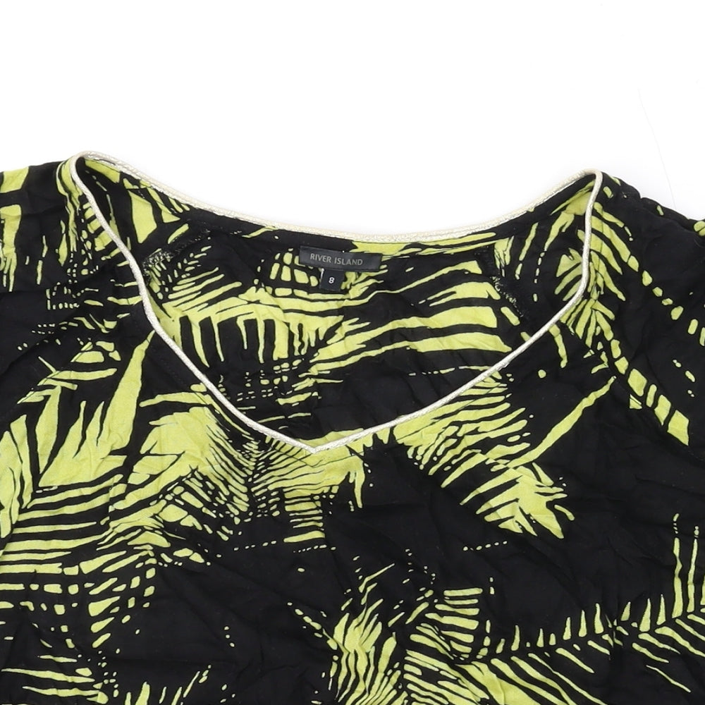 River Island Womens Black Geometric Polyester Basic T-Shirt Size 8 V-Neck - Leaf Print