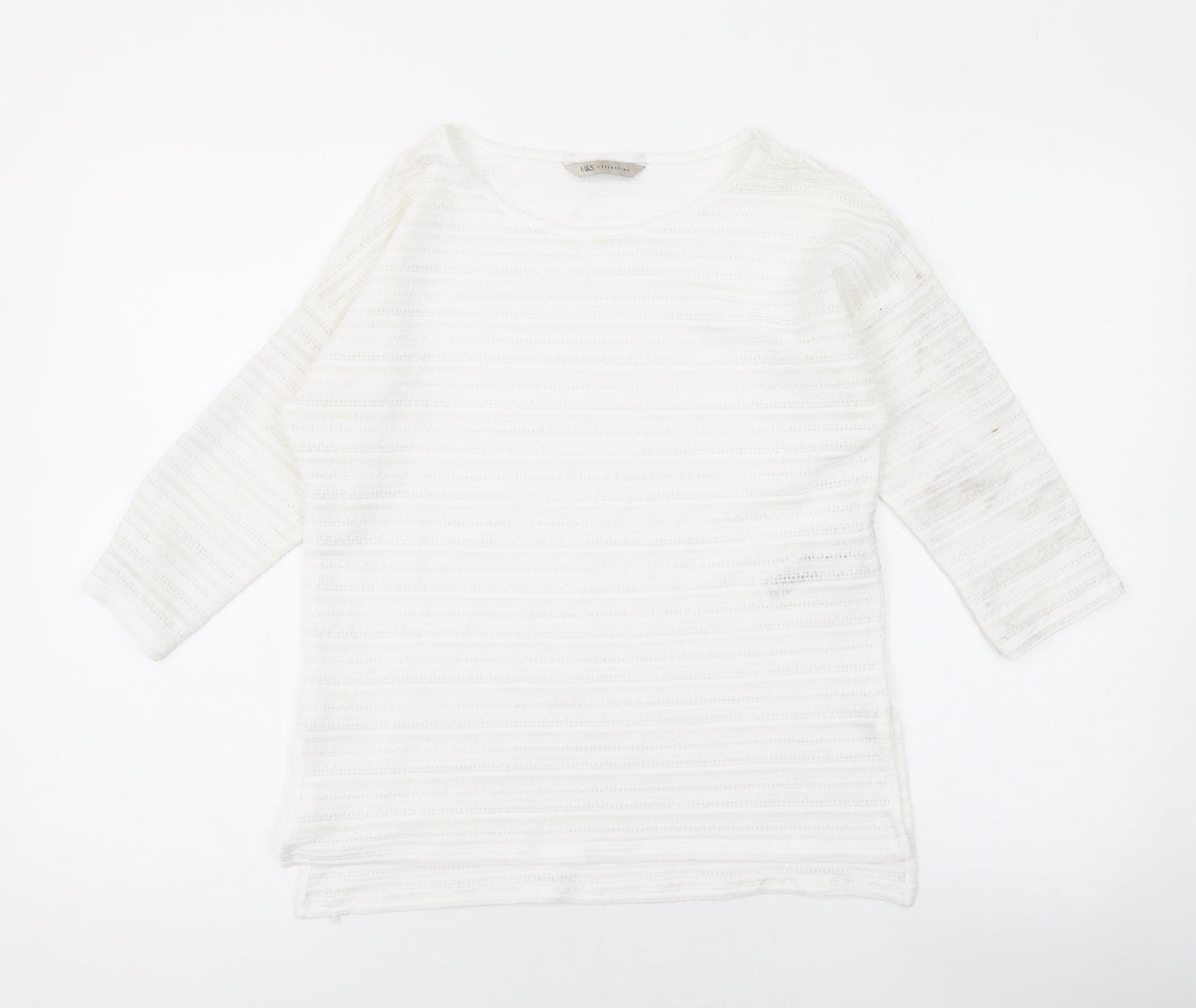 Marks and Spencer Womens White Round Neck Geometric Polyester Pullover Jumper Size 8
