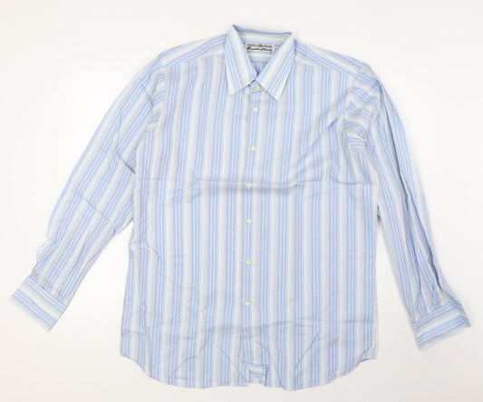 Viyella Mens Blue Striped Polyester Dress Shirt Size 16 Collared Button