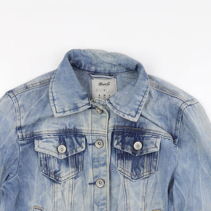 Close-up detail of Denim & Co. women’s blue jacket, size UK 8, button