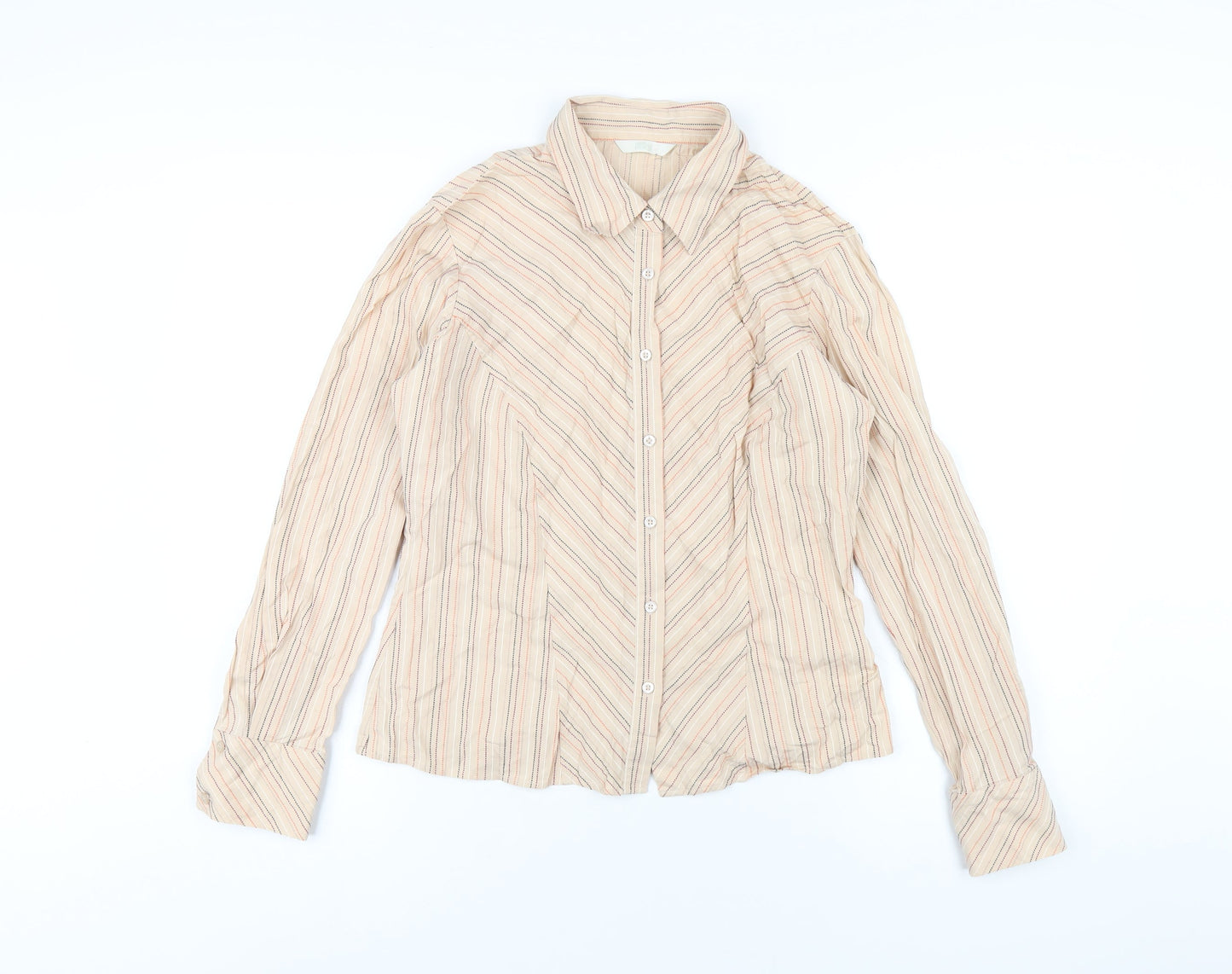Marks and Spencer Womens Beige Striped Cotton Basic Button-Up Size 12 Collared
