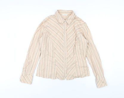 Marks & Spencer Womens Beige Striped Cotton Basic Button-Up Size 12 Collared
