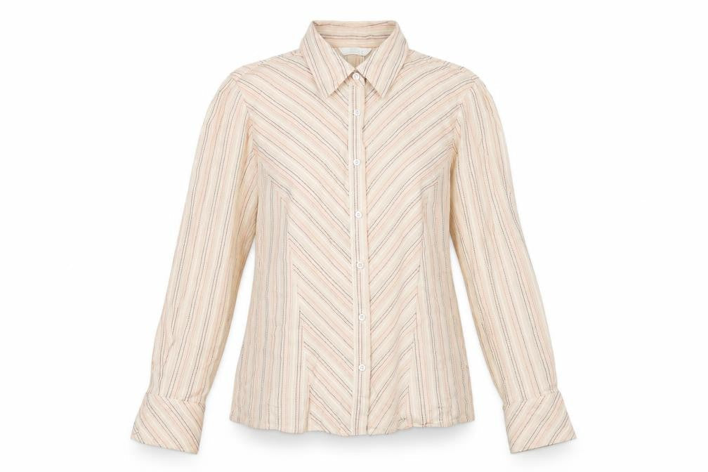 Marks & Spencer Womens Beige Striped Cotton Basic Button-Up Size 12 Collared