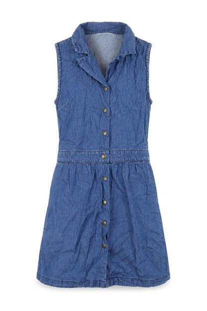 Front view of Kaleidoscope women’s blue cotton a-line, size UK 6, collared snap