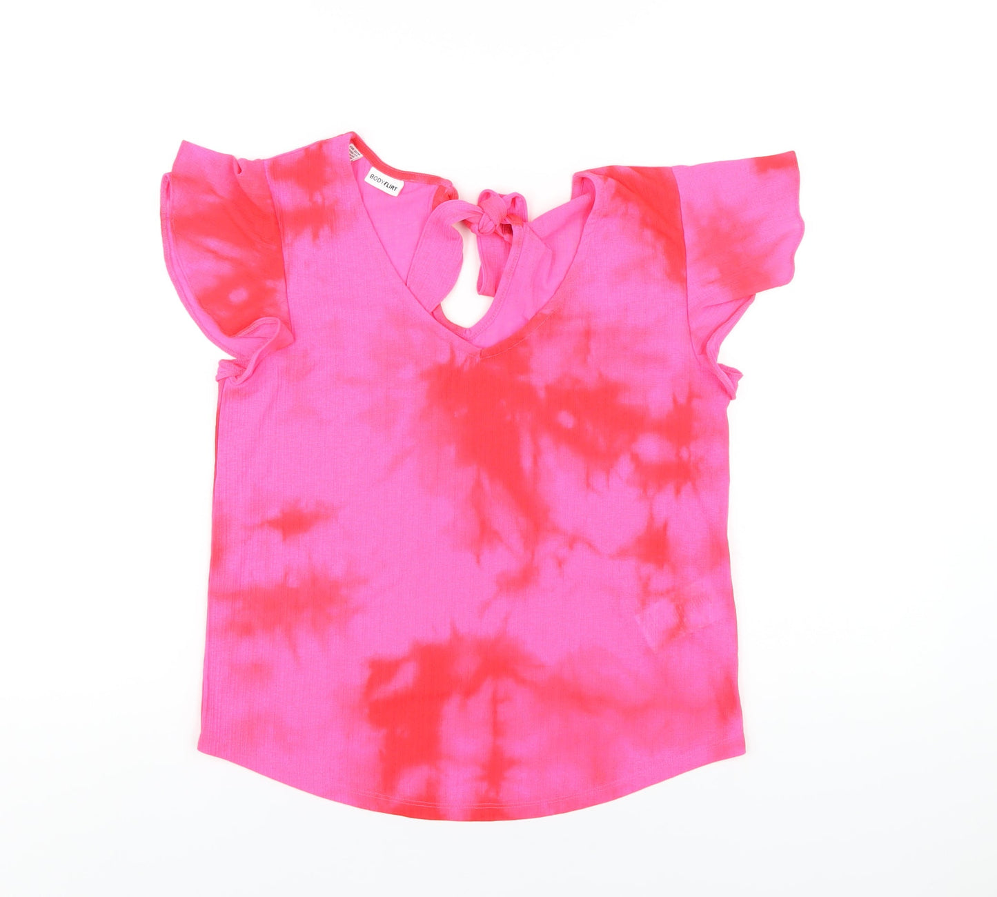Body Flirt Womens Pink Geometric Polyester Basic T-Shirt Size 6 V-Neck - Tie Dye