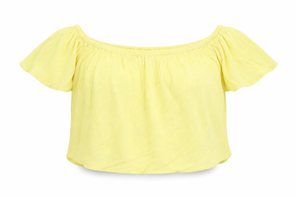 Topshop Womens Yellow Viscose Cropped T-Shirt Size 6 Off the Shoulder