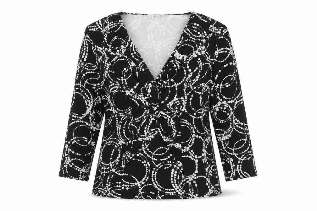 Country Casuals Womens Black Geometric Viscose Basic T-Shirt Size M V-Neck