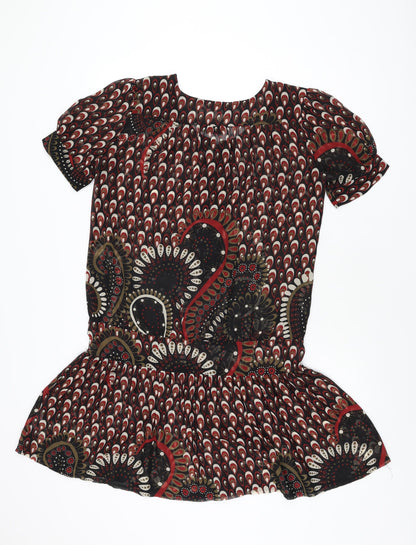 Next Womens Black Geometric Polyester Shift Size 10 Round Neck Button