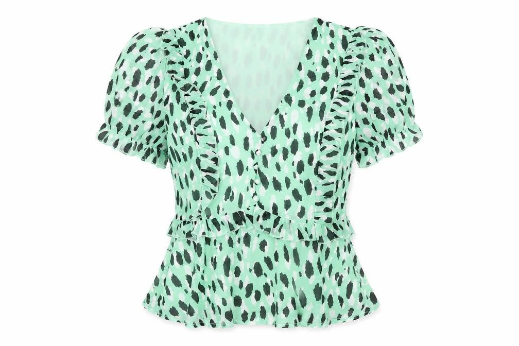 Quiz Womens Green Geometric Polyester Basic Blouse Size 10 V-Neck
