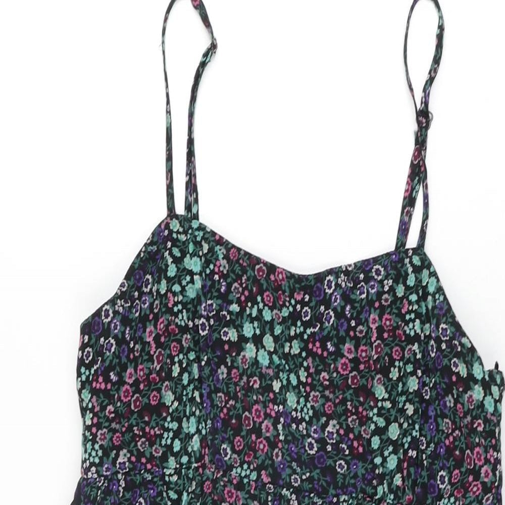 H&M Womens Black Floral Polyester Mini Size 10 Square Neck Zip