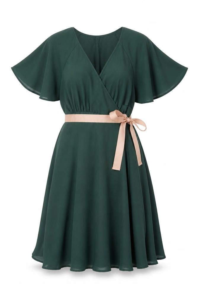 H&M Womens Green Polyester Wrap Dress Size 4 V-Neck Tie