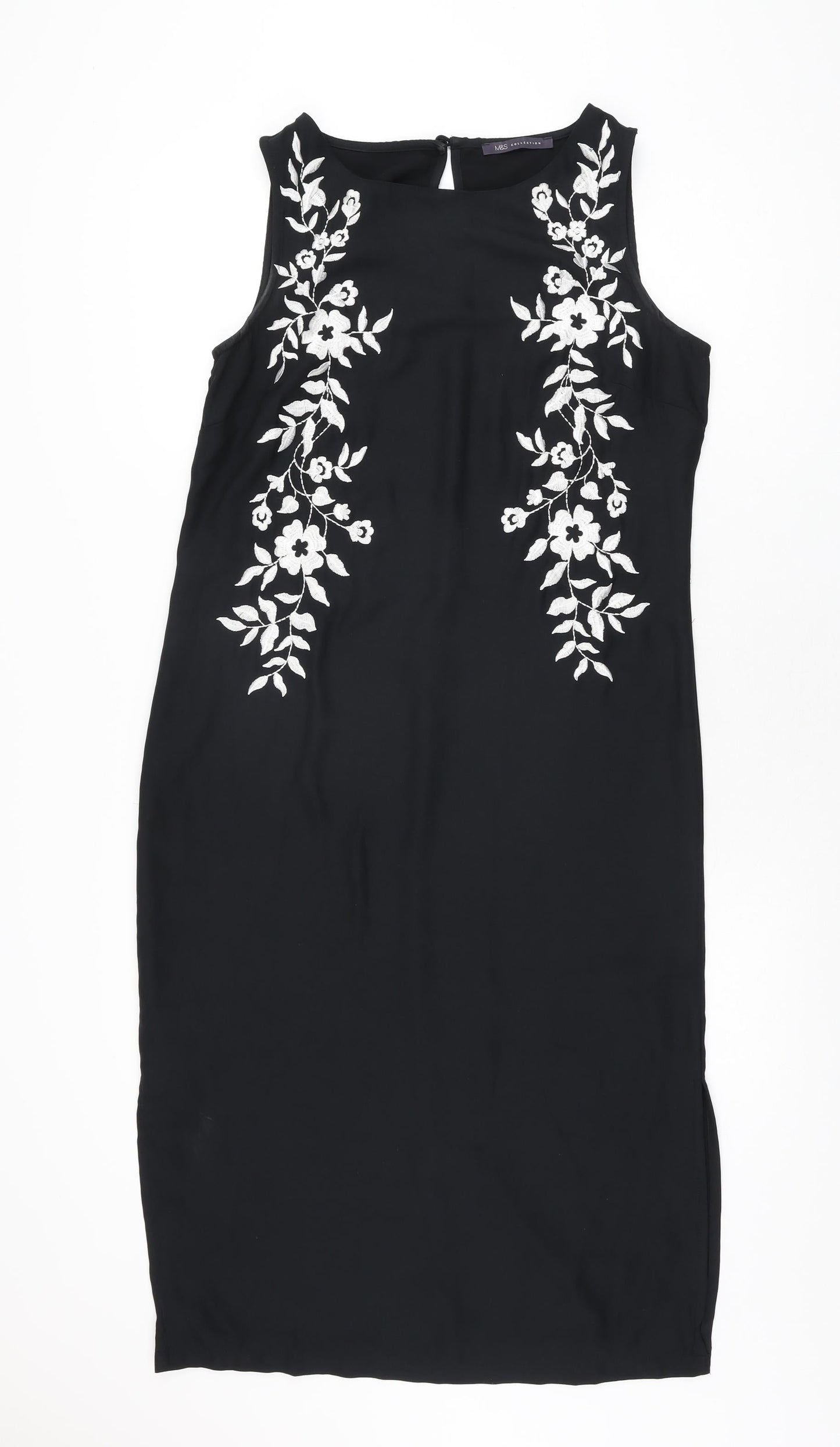 Marks and Spencer Womens Black Floral Polyester Shift Size 10 Boat Neck Button