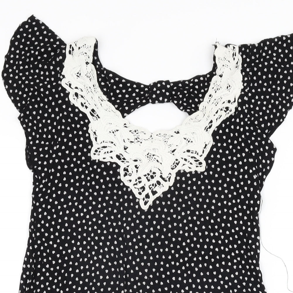 Red Herring Womens Black Geometric Viscose Basic T-Shirt Size 8 V-Neck - Heart Print