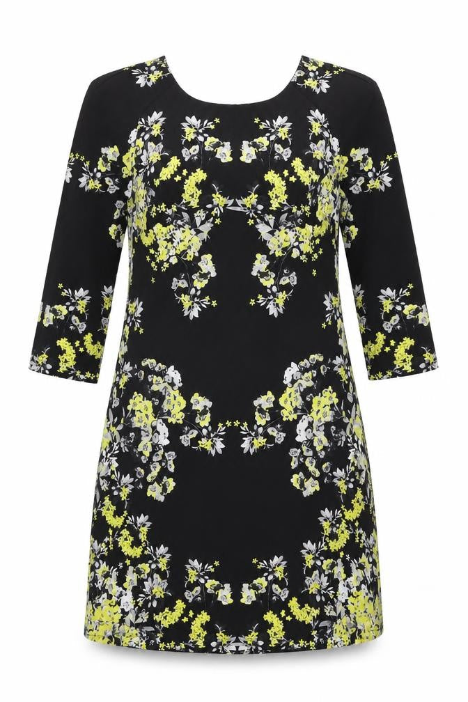 Warehouse Womens Black Floral Polyester Shift Size 8 Round Neck Zip