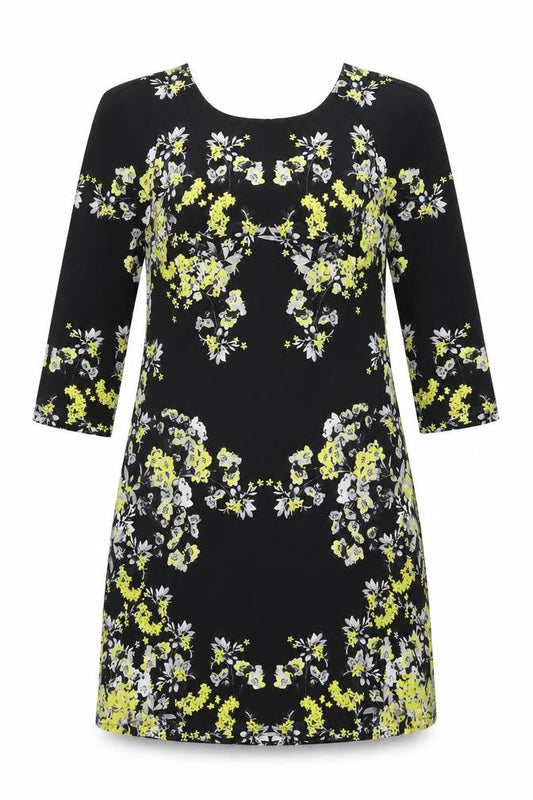 Warehouse Womens Black Floral Polyester Shift Size 8 Round Neck Zip