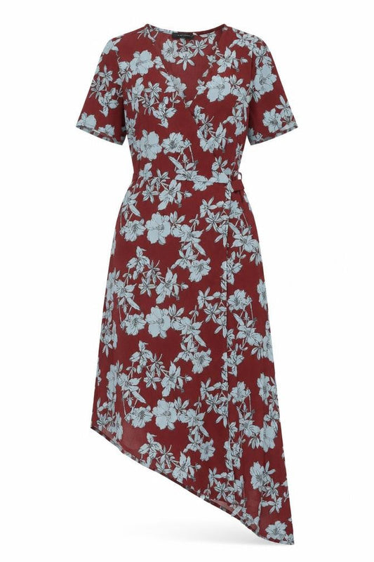 New Look Womens Red Floral Polyester Wrap Dress Size 8 V-Neck Tie