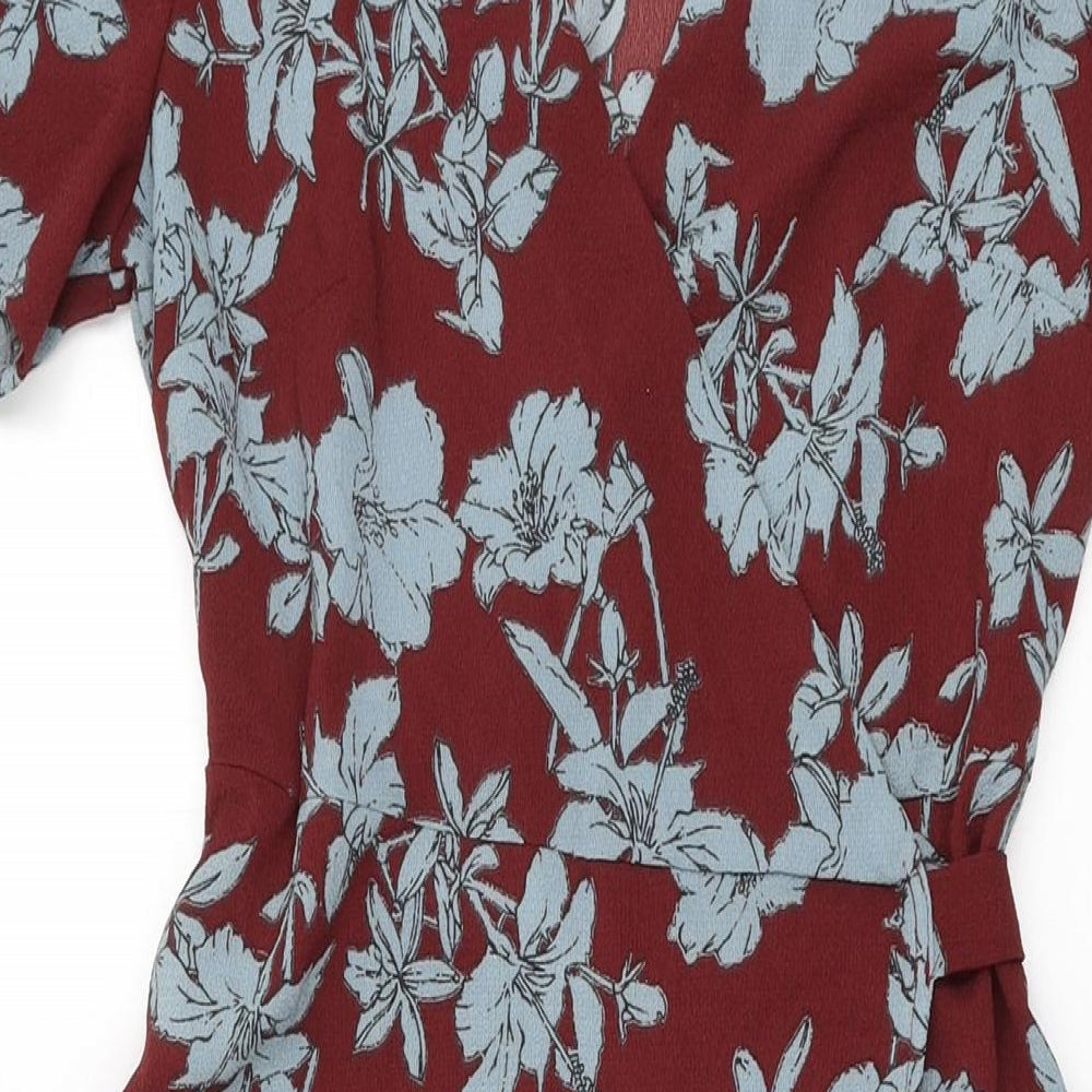 New Look Womens Red Floral Polyester Wrap Dress Size 8 V-Neck Tie
