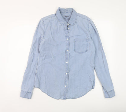 Additional front view of Denim & Co. women’s blue cotton basic button-up, size UK 12, collared
