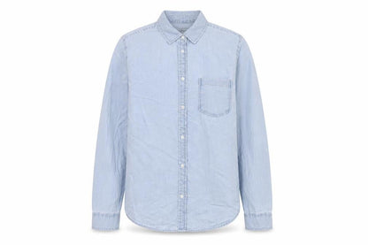 Front view of Denim & Co. women’s blue cotton basic button-up, size UK 12, collared