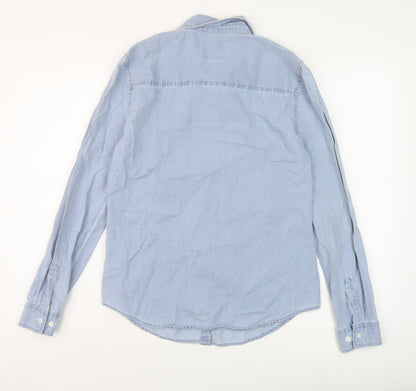 Back view of Denim & Co. women’s blue cotton basic button-up, size UK 12, collared