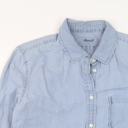 Close-up detail of Denim & Co. women’s blue cotton basic button-up, size UK 12, collared