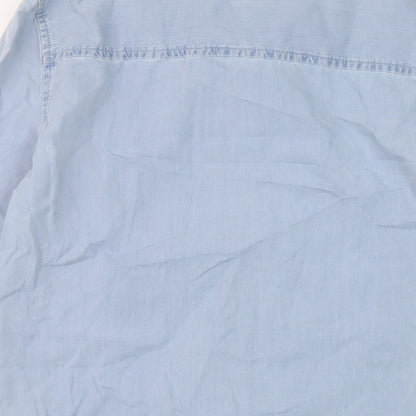 Brand and care label for Denim & Co. women’s blue cotton basic button-up, size UK 12, collared
