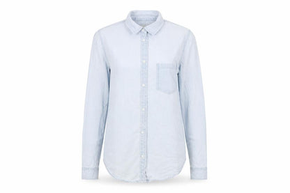 Front view of Denim & Co. women’s blue cotton basic button-up, size UK 8, collared