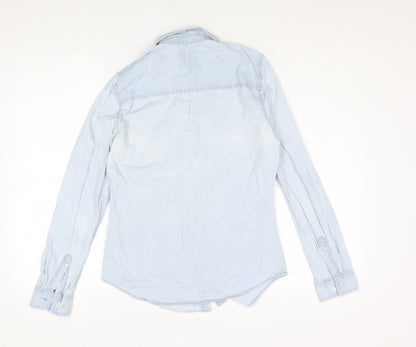 Back view of Denim & Co. women’s blue cotton basic button-up, size UK 8, collared