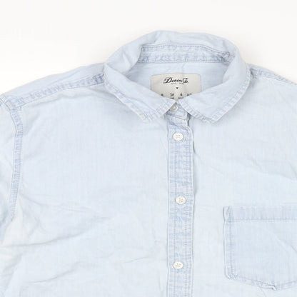Close-up detail of Denim & Co. women’s blue cotton basic button-up, size UK 8, collared