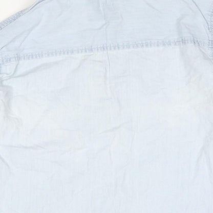 Brand and care label for Denim & Co. women’s blue cotton basic button-up, size UK 8, collared