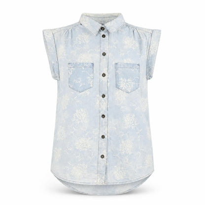 Front view of Denim & Co. women’s blue geometric cotton basic button-up, size UK 8, collared
